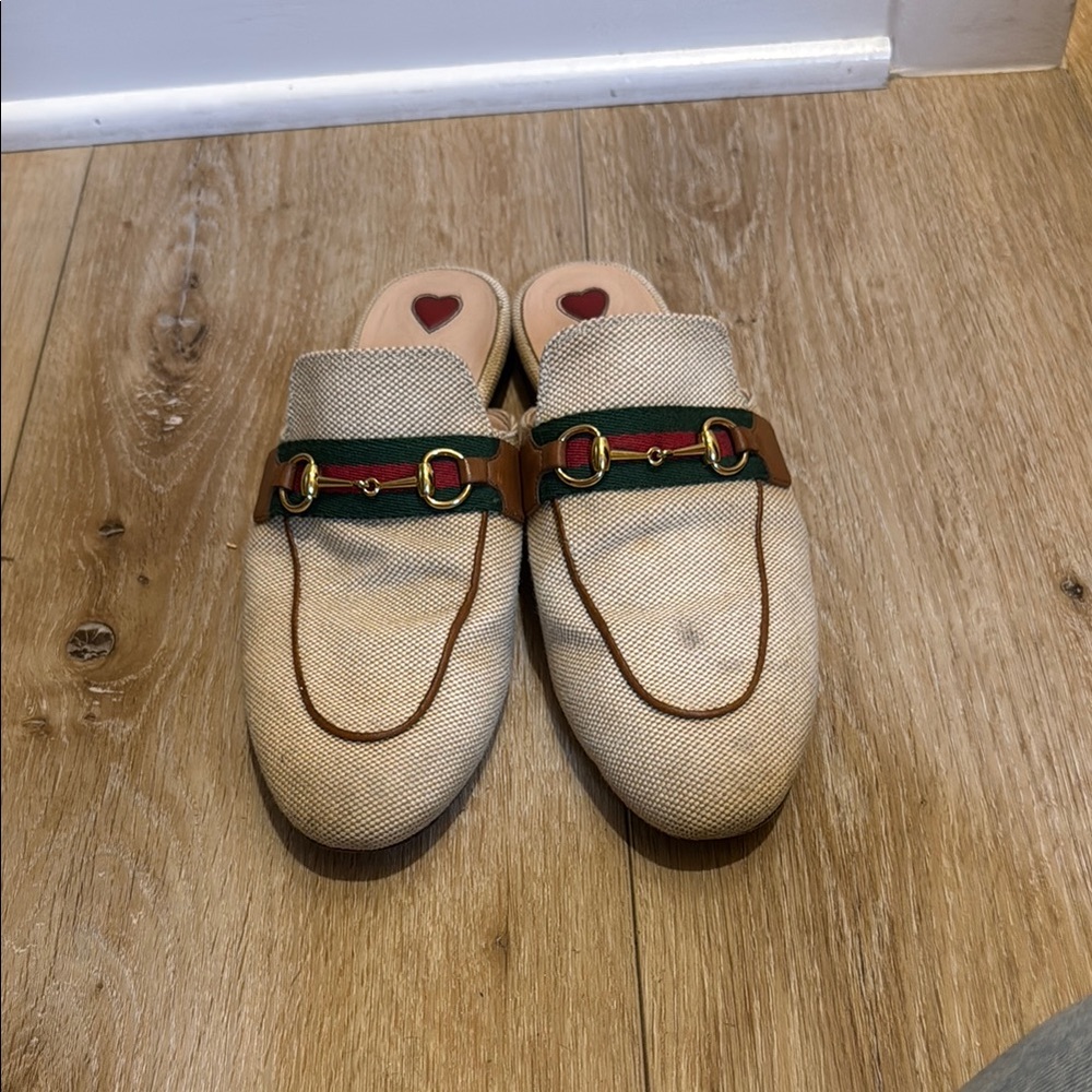 Gucci Cream and Brown Mules with Gold Horsebit
